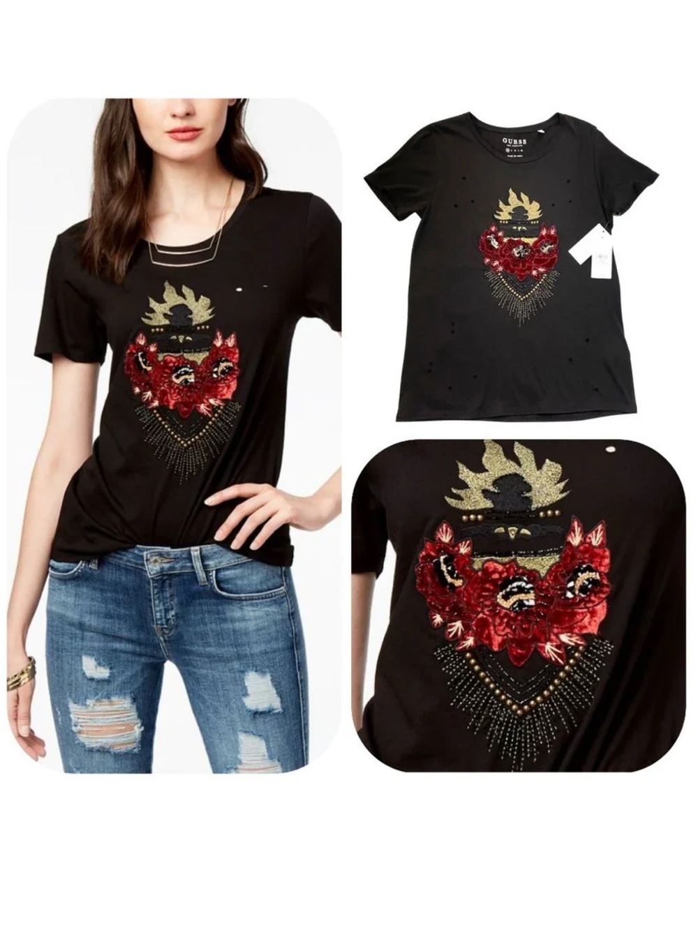 GUESS Black Studded-Appliqué Ripped Short Sleeves T-Shirt Size XL